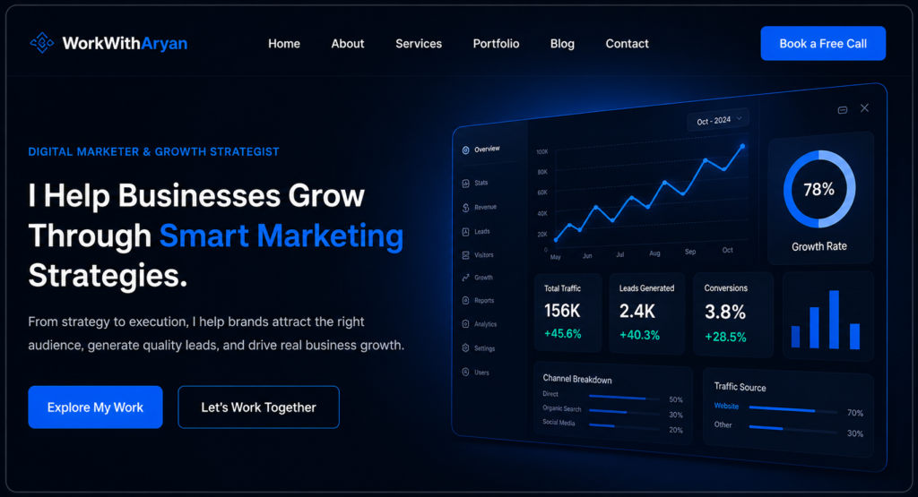 WorkWithAryan digital marketing consultant website homepage